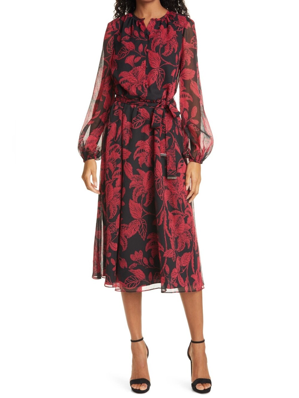 Ted Baker London Rococo Long Sleeve Midi Dress Black Red Floral Ted 4 US 10
